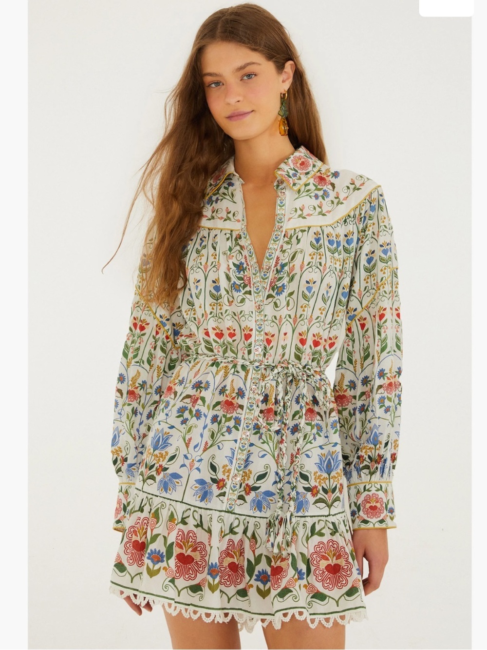 new Farm Rio Stitched Garden Long Sleeve Cotton Blend Mini Shirtdress off white